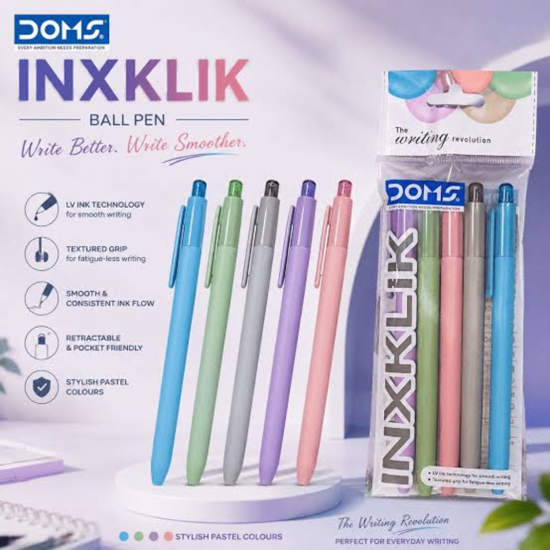 Close-up of Doms Inxklik Ball Pens showing blue ink