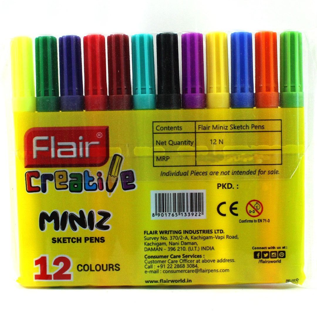 Flair Miniz Sketch Pens: Vibrant Multicolour Sketch & Watercolor Pens for Creative Expression ( Pack of 12 )