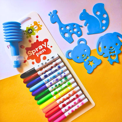 Color Spray Art Marker Pen Set with Animal Stencil & Spray Pump (Pack of 12)