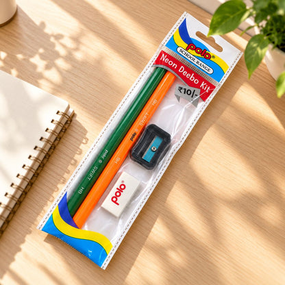 Contents of Polo Neon Deebo Kit including pencils, eraser, and sharpener