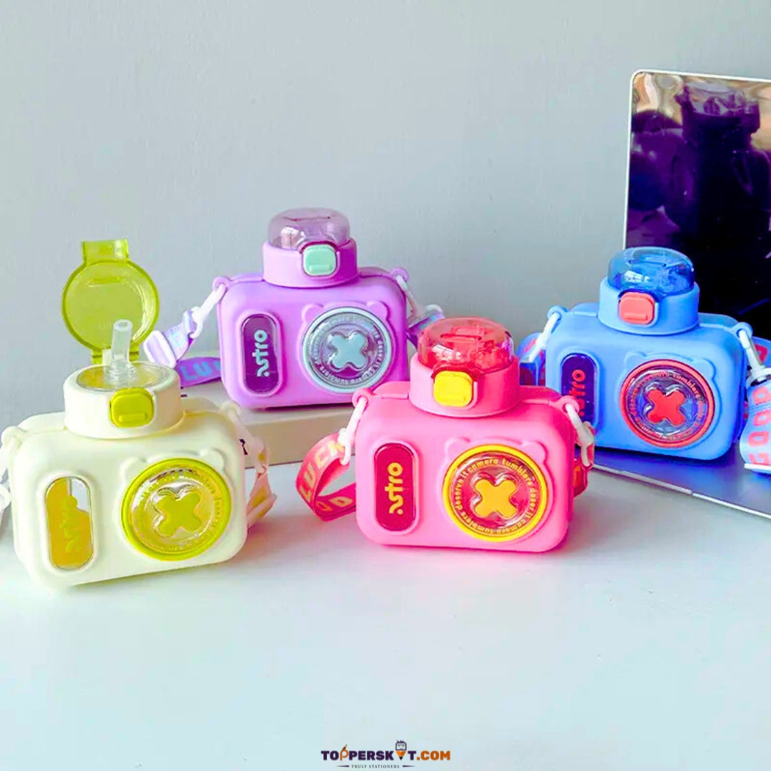 Cute Camera Shape Water Bottle - 600ml BPA-Free Plastic Bottle with Straw (Pack Of 1)