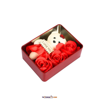 Rectangle Red Tin Box with Teddy & Rose – Elegant Gift Box (Pack of 1)