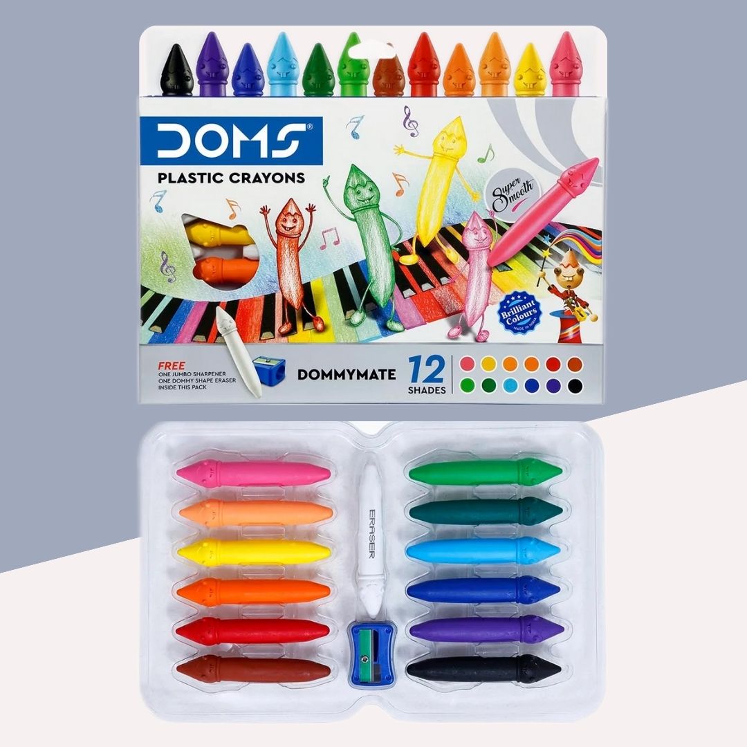 Doms Dommymate Plastic Crayons: Vibrant Shades for Young Artists ( Pack Of 12 ) - Topperskit LLP