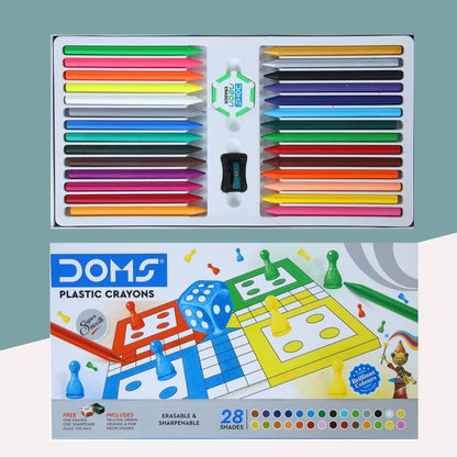 Doms Plastic Crayon Set: Vibrant Shades with Accessories for Creative Excellence ( Pack Of 28 ) - Topperskit LLP