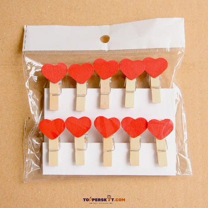 Mini Wooden Heart Shape Photo Hanging Clips with 1 Meter Thread (Pack of 10)