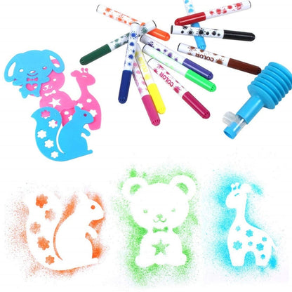 Color Spray Art Marker Pen Set with Animal Stencil & Spray Pump (Pack of 12)