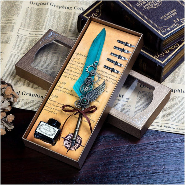 Antique Feather Quill Calligraphy Pen Set with Ink Bottle & 6 Nibs (Pack of 1)