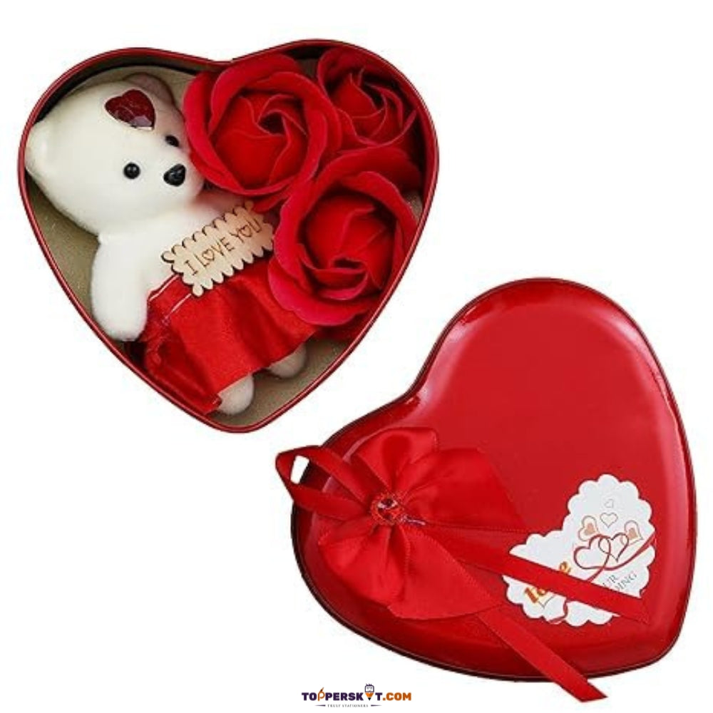 Large Heart-Shaped Red Tin Box with Teddy & Rose – Best Valentine Gift (Pack of 1)