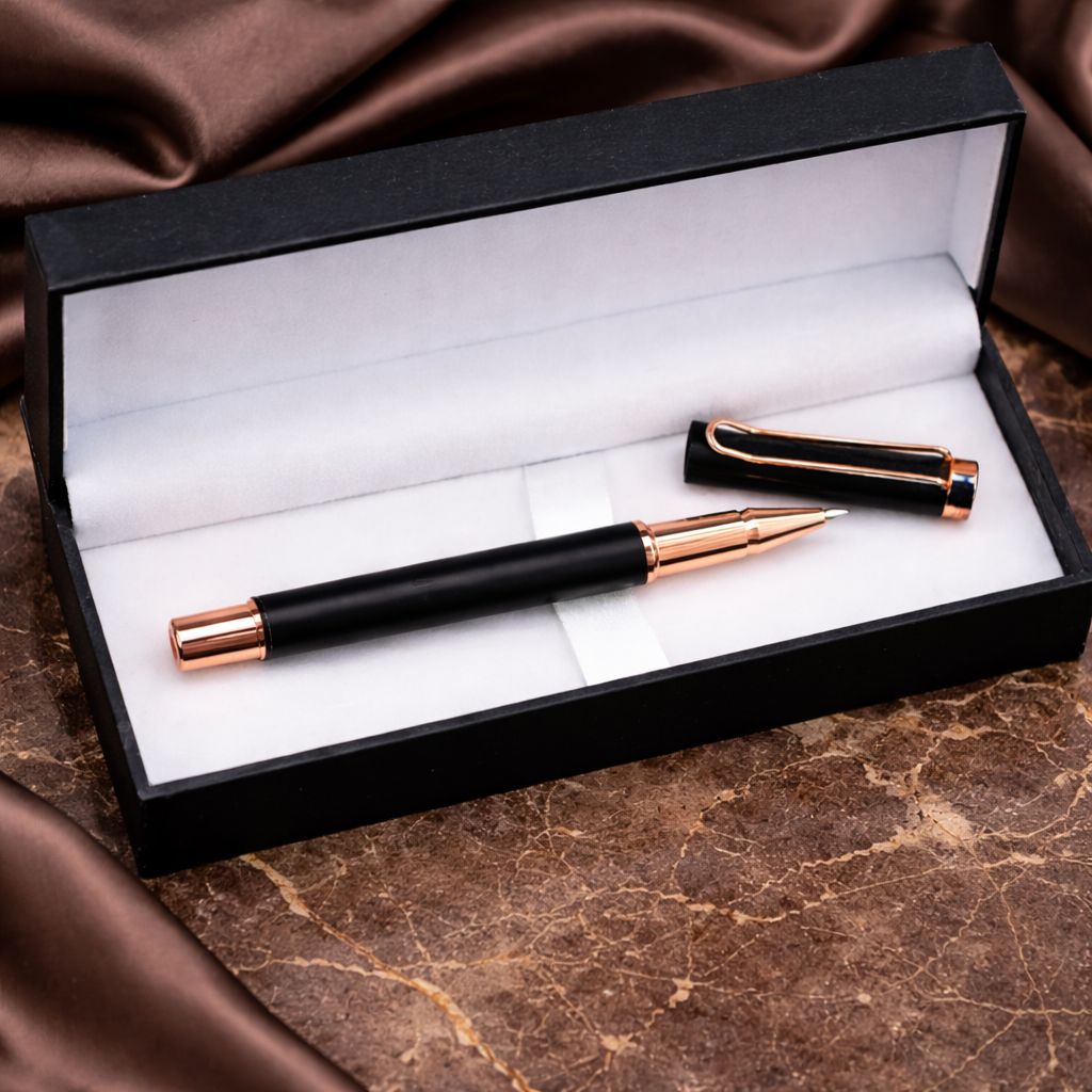 Elegant Matte Black Metal Roller Ball Pen With Luxury Box– Blue Ink (Pack of 1)