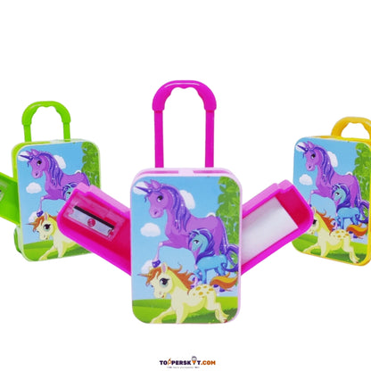 Unicorn Sharpener Eraser Suitcase Shape - Cute Trolley Bag Stationery for Kids (Pack of 1)