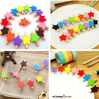 Mini Wooden Star Shape Photo Hanging Clips with 1 Meter Thread (Pack of 10)