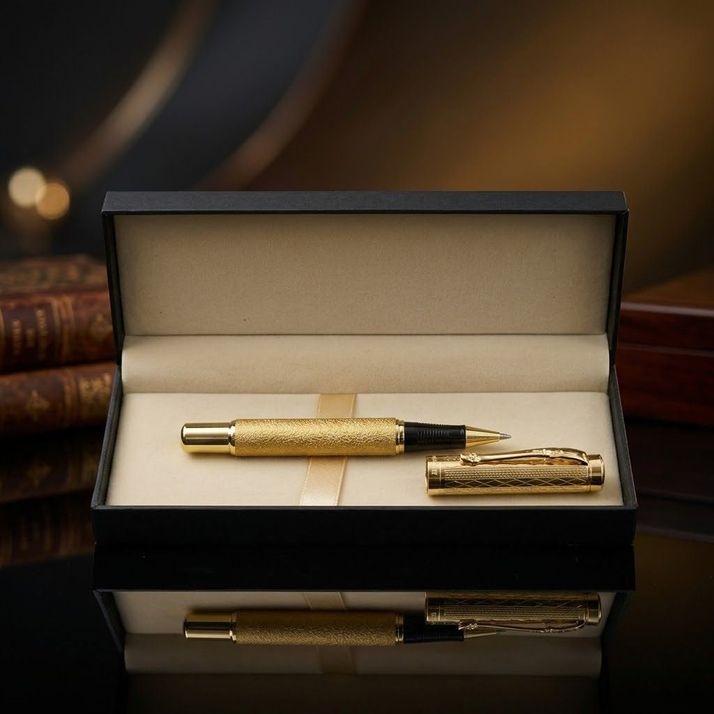 Luxury Golden Textured Metal Rollerball Pen with Premium Gift Box- Blue Ink (Pack of 1)