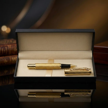 Luxury Golden Textured Metal Rollerball Pen with Premium Gift Box- Blue Ink (Pack of 1)