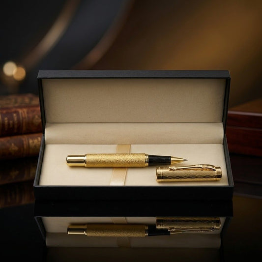Luxury Golden Textured Metal Rollerball Pen with Premium Gift Box- Blue Ink (Pack of 1)