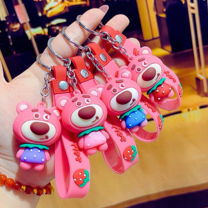 3D Rubber Silicone Strawberry Bear Cartoon Keychain (Pack of 1)