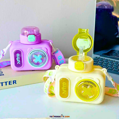 Cute Camera Shape Water Bottle - 600ml BPA-Free Plastic Bottle with Straw (Pack Of 1)