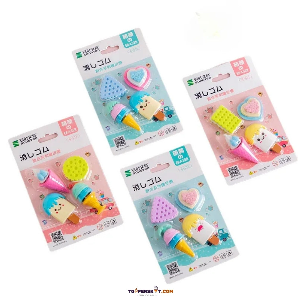 Cute Ice Cream Shape Erasers for Students Cartoon Food Theme Stationery (Pack of 4)