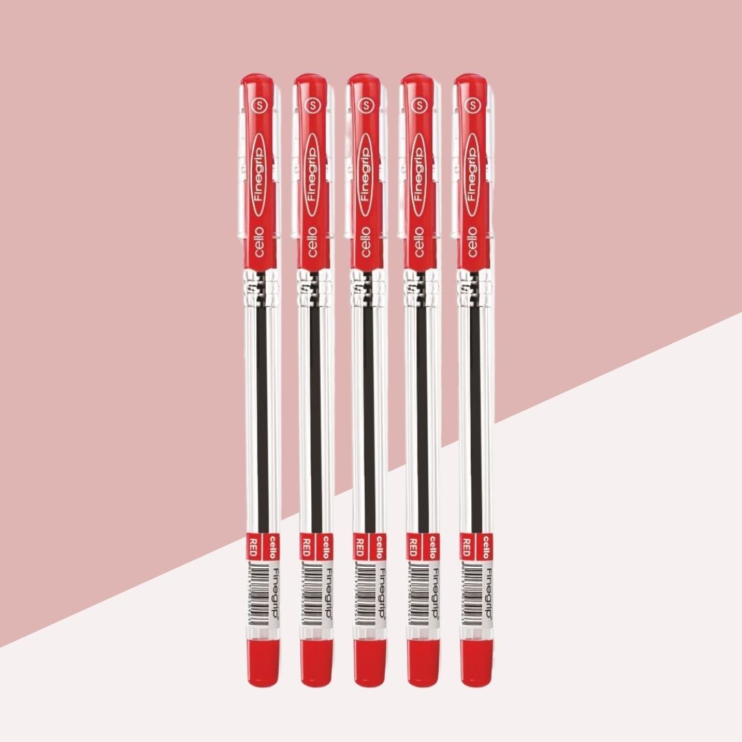 Cello Finegrip Ball Pen  – Red : Effortless Writing, Ultimate Comfort ( Pack of 5 ) - Topperskit LLP