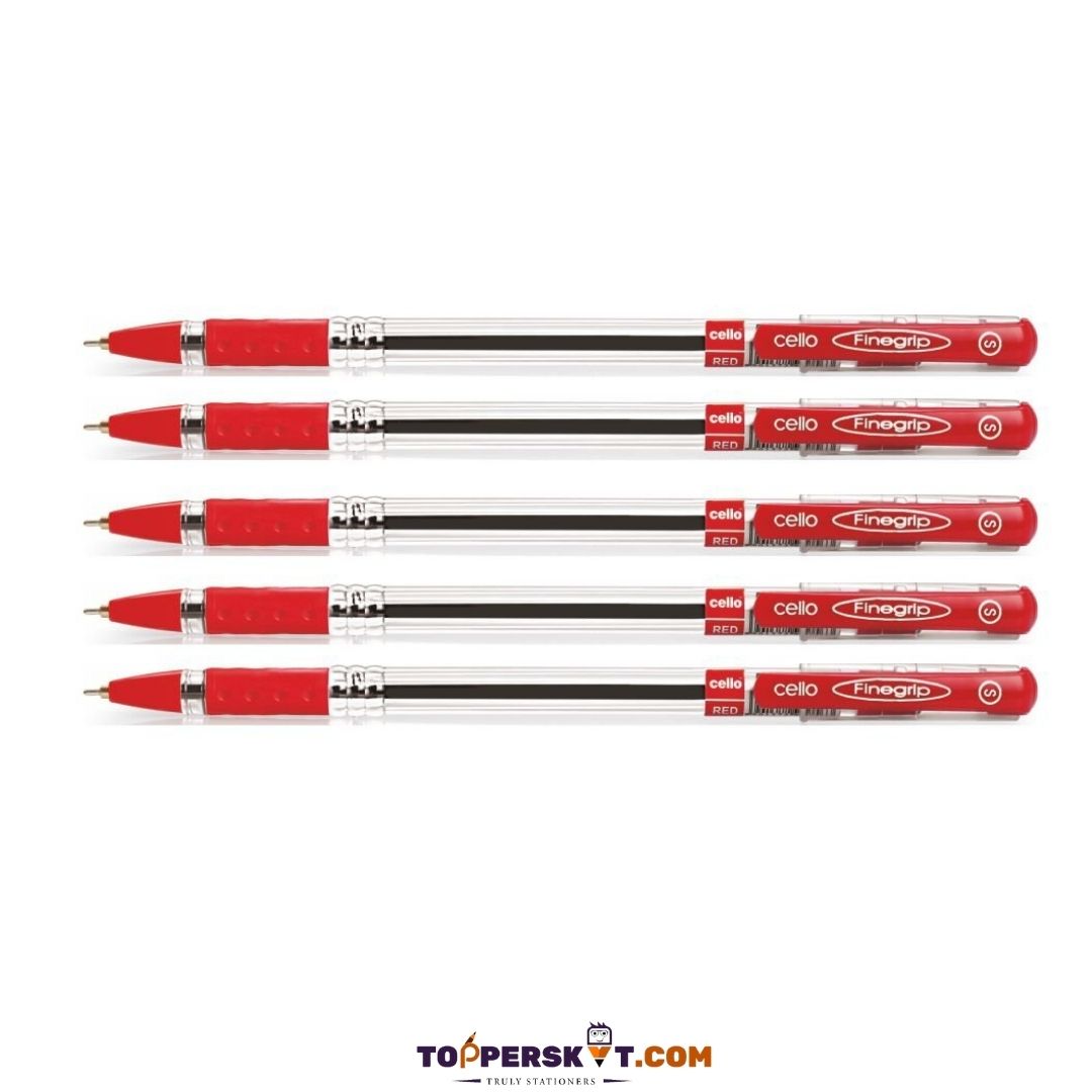 Cello Finegrip Ball Pen  – Red : Effortless Writing, Ultimate Comfort ( Pack of 5 ) - Topperskit LLP