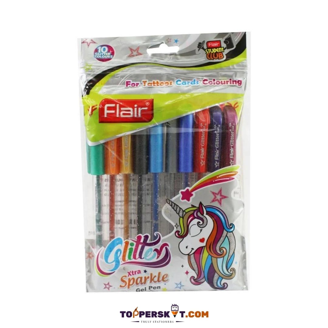 Flair Glitter Xtra Sparkle Gel Pens - Multicolour :  Effortlessly Glamorous Writing in School and Office ( Pack of 10 ) - Topperskit LLP