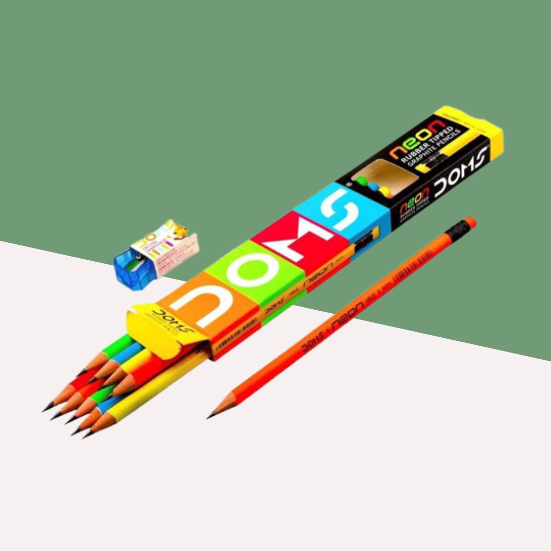 Doms Neon Rubber Tipped Vibrant Pencils with Sharpener for Creative Writing ( Pack Of 10 ) - Topperskit LLP