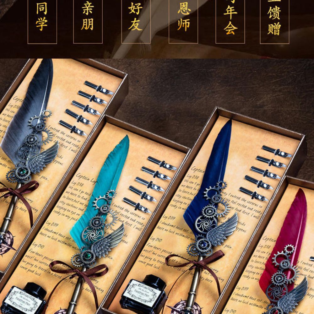 Antique Feather Quill Calligraphy Pen Set with Ink Bottle & 6 Nibs (Pack of 1)