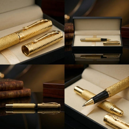 Luxury Golden Textured Metal Rollerball Pen with Premium Gift Box- Blue Ink (Pack of 1)