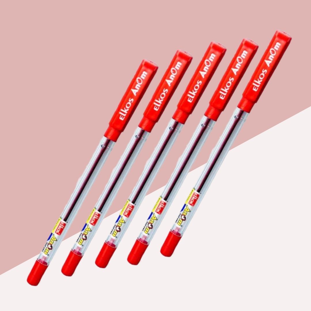 Elkos Anom Ball Pen - Red : Your Reliable Writing Companion ( Pack of 5 ) - Topperskit LLP