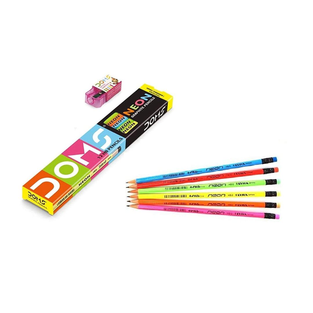 Doms Neon Rubber Tipped Vibrant Pencils with Sharpener for Creative Writing ( Pack Of 10 ) - Topperskit LLP