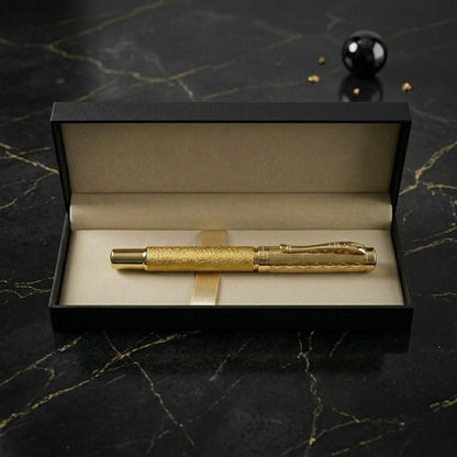 Luxury Golden Textured Metal Rollerball Pen with Premium Gift Box- Blue Ink (Pack of 1)
