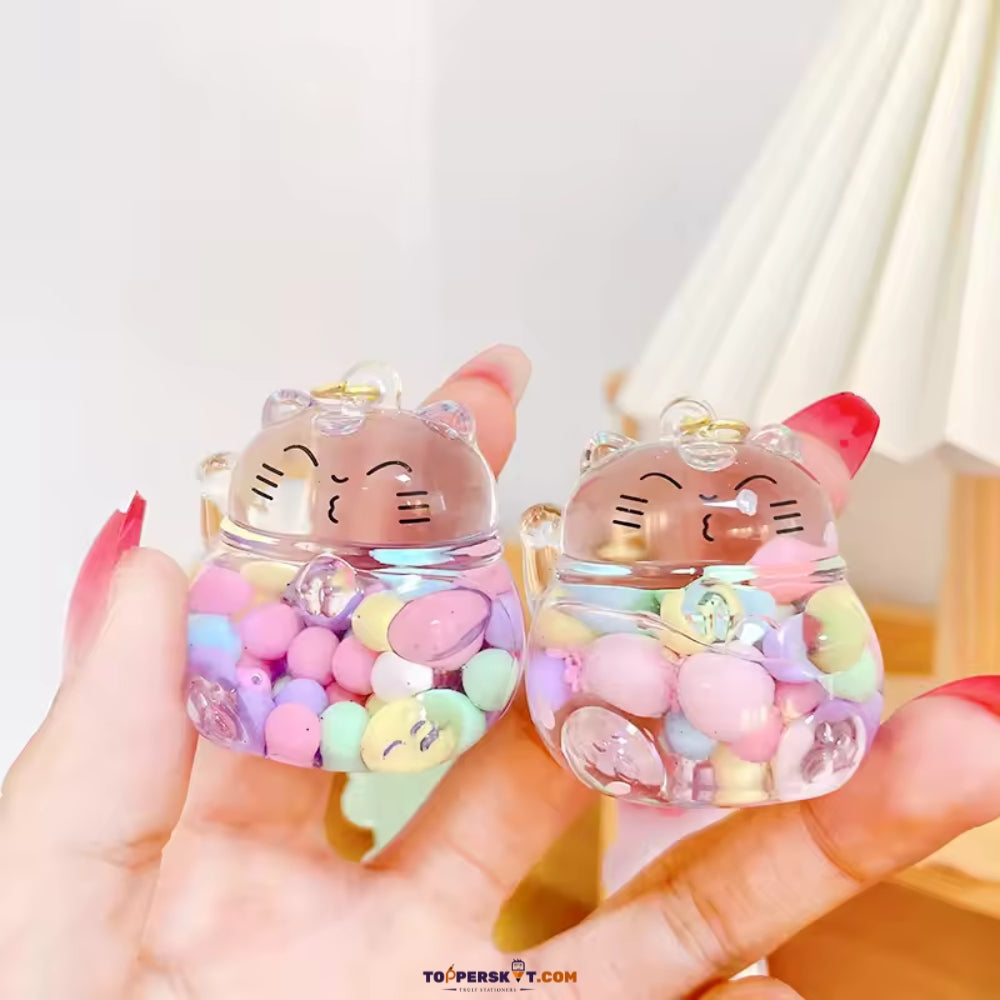 Large Cute Kitty Floating Transparent Waving Quicksand Bottle Keychain (Pack of 1)