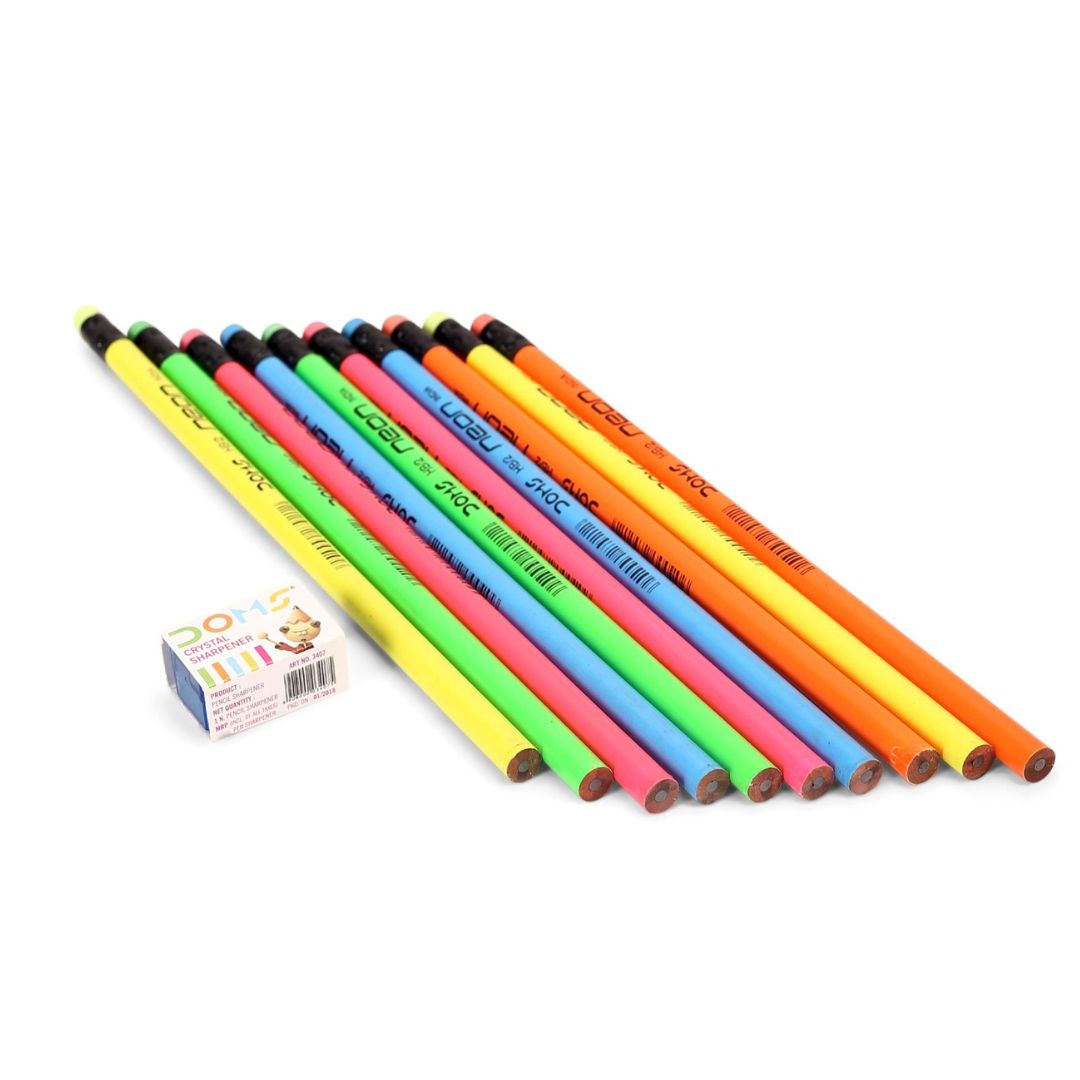 Doms Neon Rubber Tipped Vibrant Pencils with Sharpener for Creative Writing ( Pack Of 10 ) - Topperskit LLP