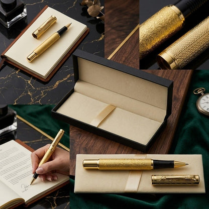 Luxury Golden Textured Metal Rollerball Pen with Premium Gift Box- Blue Ink (Pack of 1)