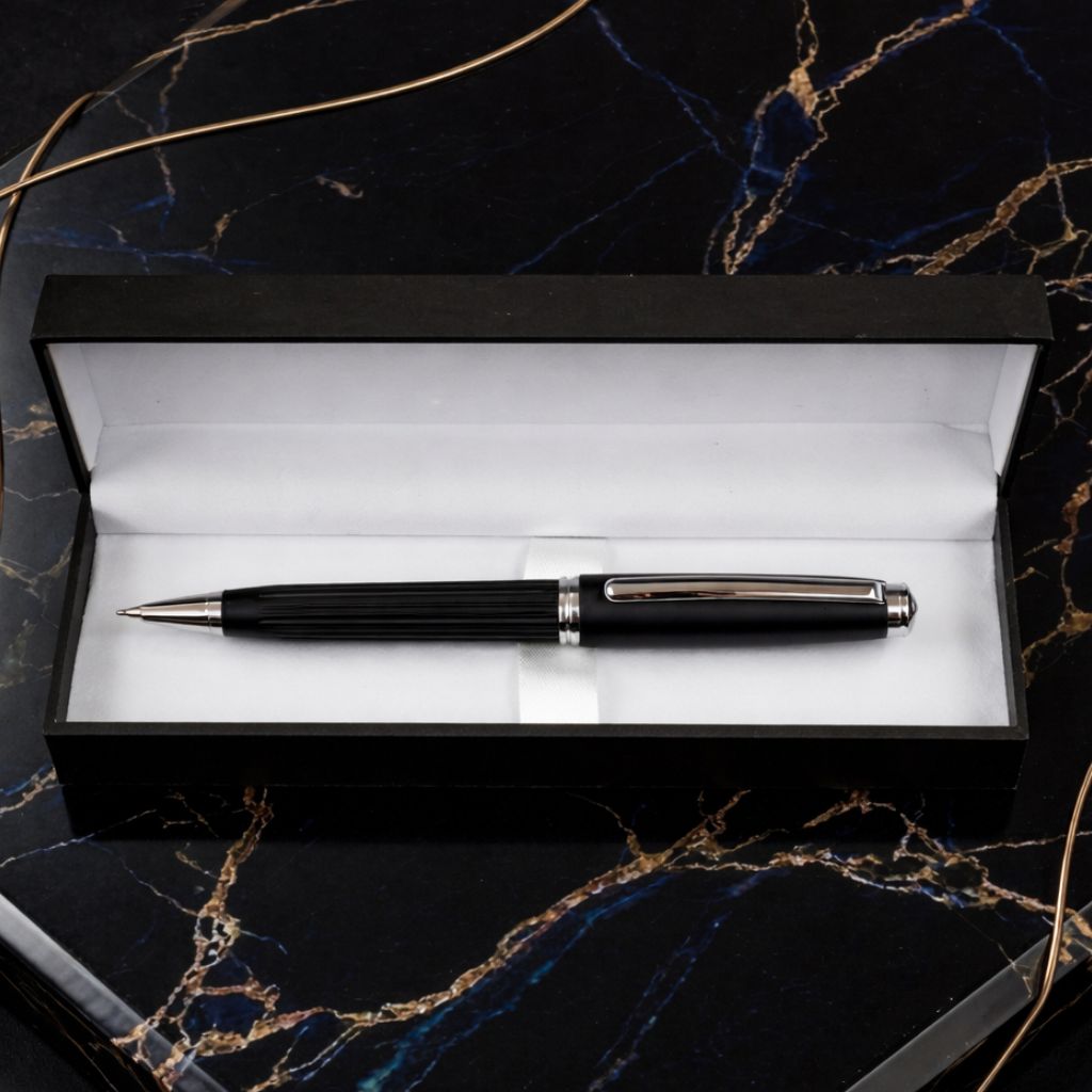Premium Black & Silver Metal Ballpoint Pen with Luxury Gift Box - Blue Ink (Pack Of 1)