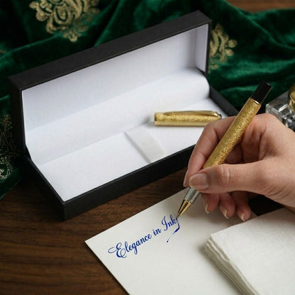 Luxury Golden Textured Metal Rollerball Pen with Premium Gift Box- Blue Ink (Pack Of 1)
