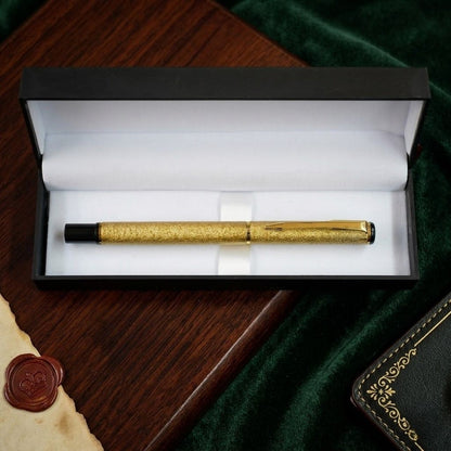 Luxury Golden Textured Metal Rollerball Pen with Premium Gift Box- Blue Ink (Pack Of 1)