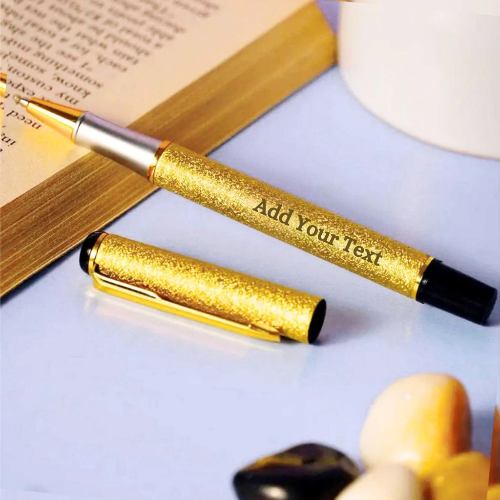 Luxury Golden Textured Metal Rollerball Pen with Premium Gift Box- Blue Ink (Pack Of 1)