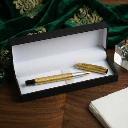 Luxury Golden Textured Metal Rollerball Pen with Premium Gift Box- Blue Ink (Pack Of 1)