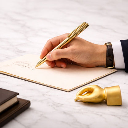 Luxury Golden Metal Ballpoint Pen with Hand-Shaped Stand & Paperweight- Blue Ink