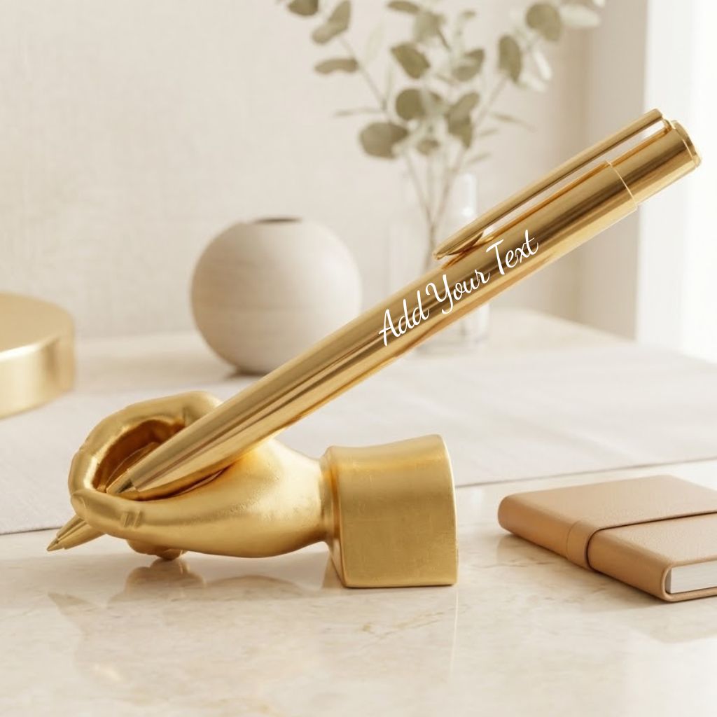 Luxury Golden Metal Ballpoint Pen with Hand-Shaped Stand & Paperweight- Blue Ink