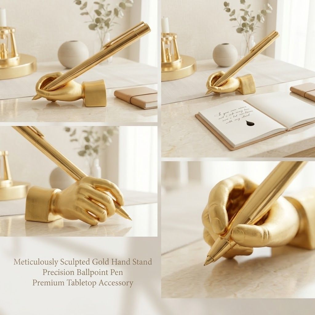 Luxury Golden Metal Ballpoint Pen with Hand-Shaped Stand & Paperweight- Blue Ink