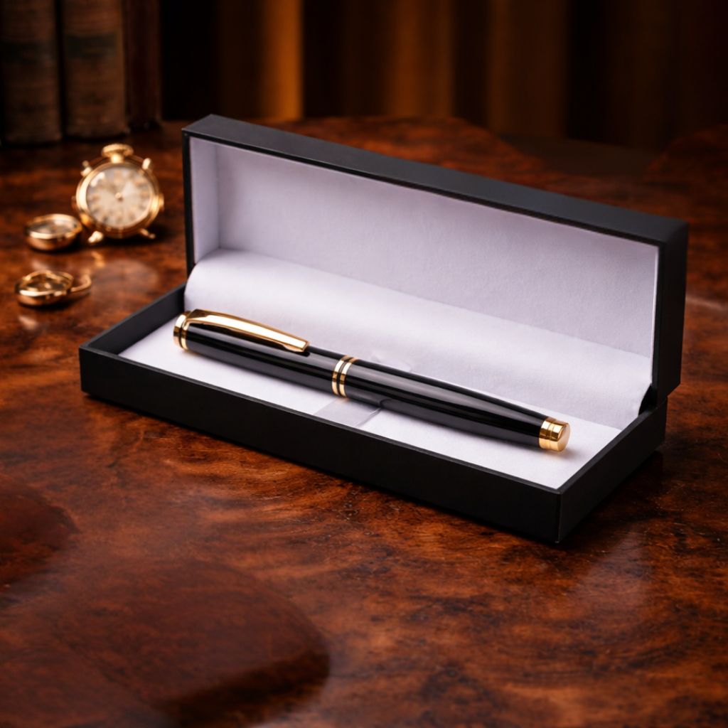 Luxury Black & Gold Metal Rollerball Pen with Magnetic Cap & Premium Box- Blue Ink (Pack Of 1)