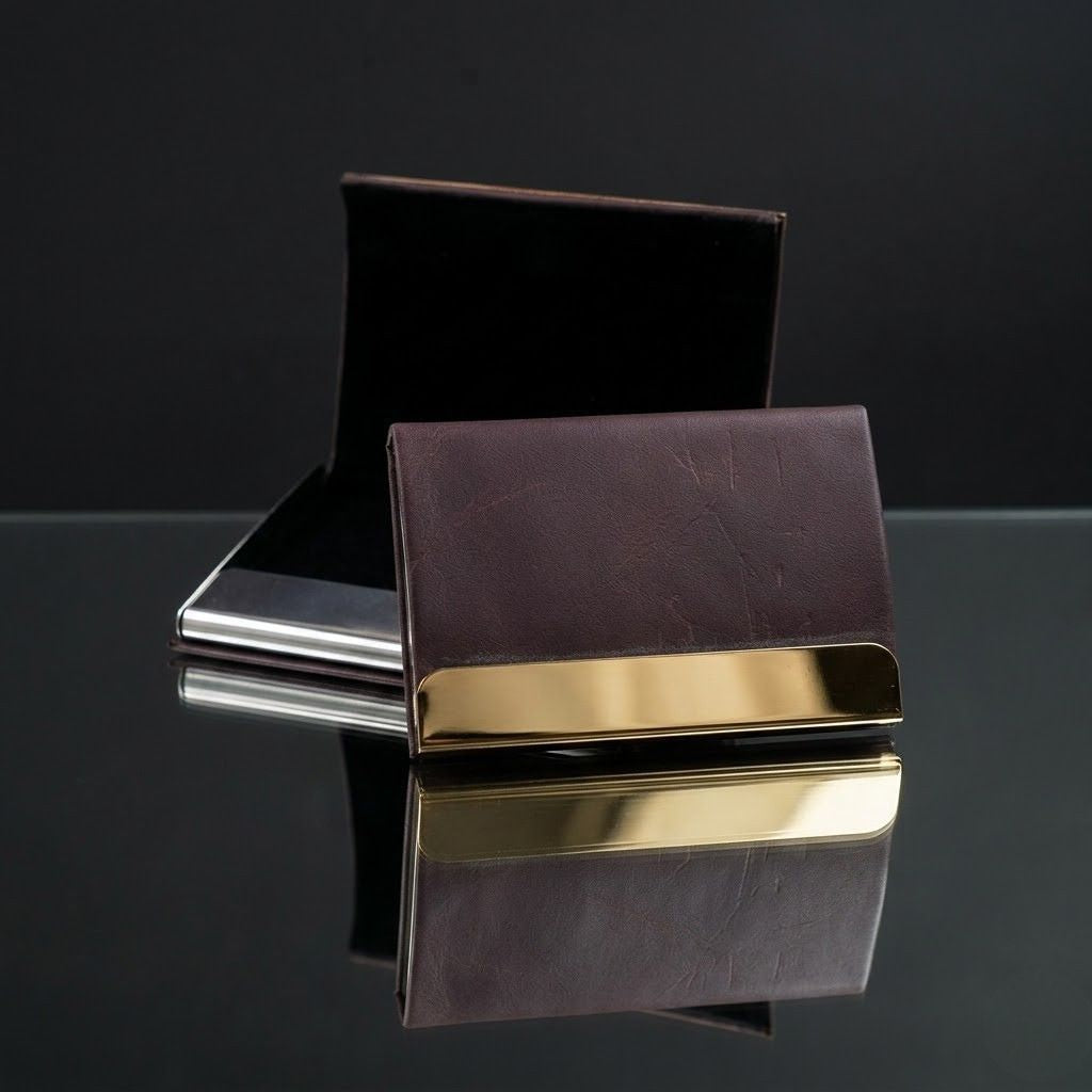 Premium Brown & Gold Leather Textured Visiting Card Holder (Pack of 1)