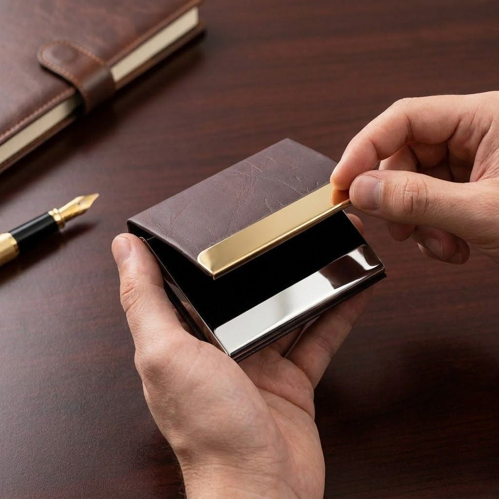 Premium Brown & Gold Leather Textured Visiting Card Holder (Pack of 1)
