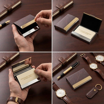 Premium Brown & Gold Leather Textured Visiting Card Holder (Pack of 1)