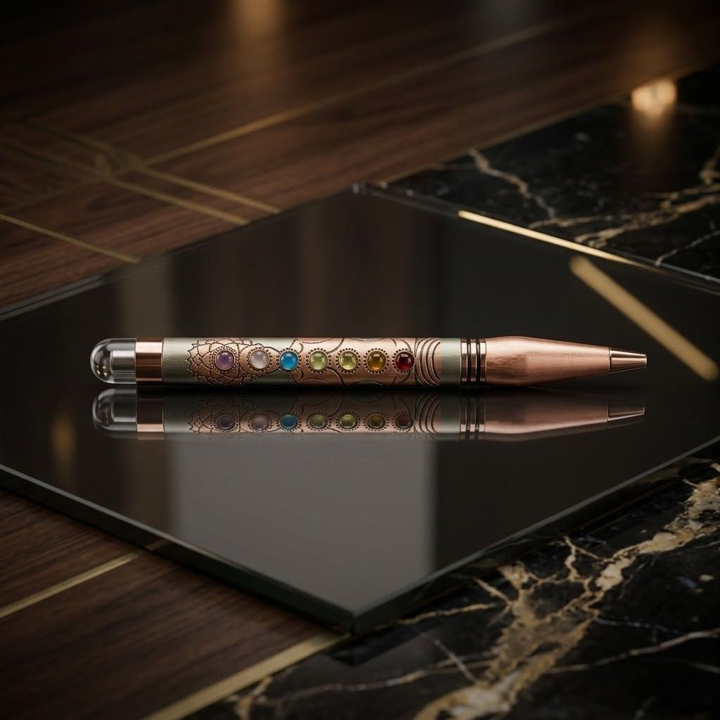 Chakra-Inspired Rose Gold Metal Ballpoint Pen 7 Stone Design Twist Mechanism with Premium Gift Box Smooth Blue Ink (Pack of 1)