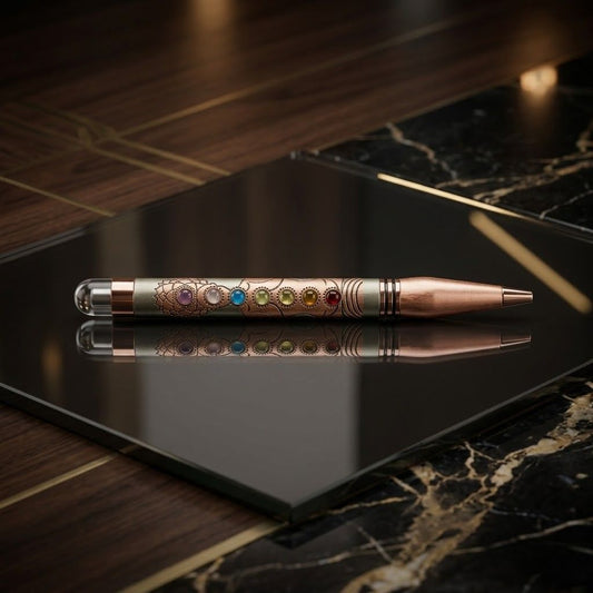 Chakra-Inspired Rose Gold Metal Ballpoint Pen 7 Stone Design Twist Mechanism with Premium Gift Box Smooth Blue Ink (Pack of 1)