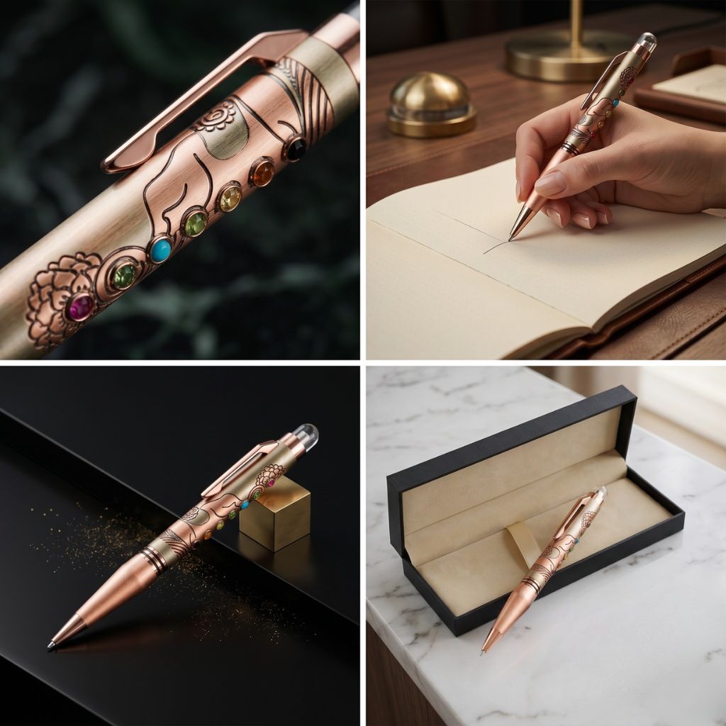 Chakra-Inspired Rose Gold Metal Ballpoint Pen 7 Stone Design Twist Mechanism with Premium Gift Box Smooth Blue Ink (Pack of 1)