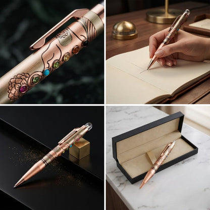Chakra-Inspired Rose Gold Metal Ballpoint Pen 7 Stone Design Twist Mechanism with Premium Gift Box Smooth Blue Ink (Pack of 1)