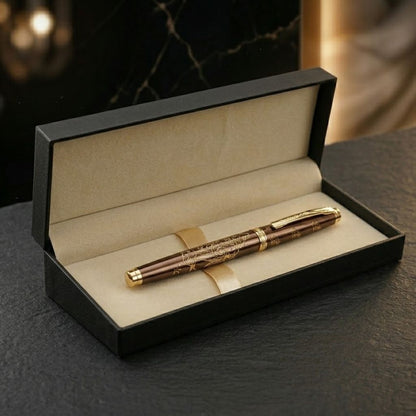 Ganesh Engraved Brown & Gold Metal Rollerball Pen with Premium Gift Box Smooth Blue Ink (Pack of 1)